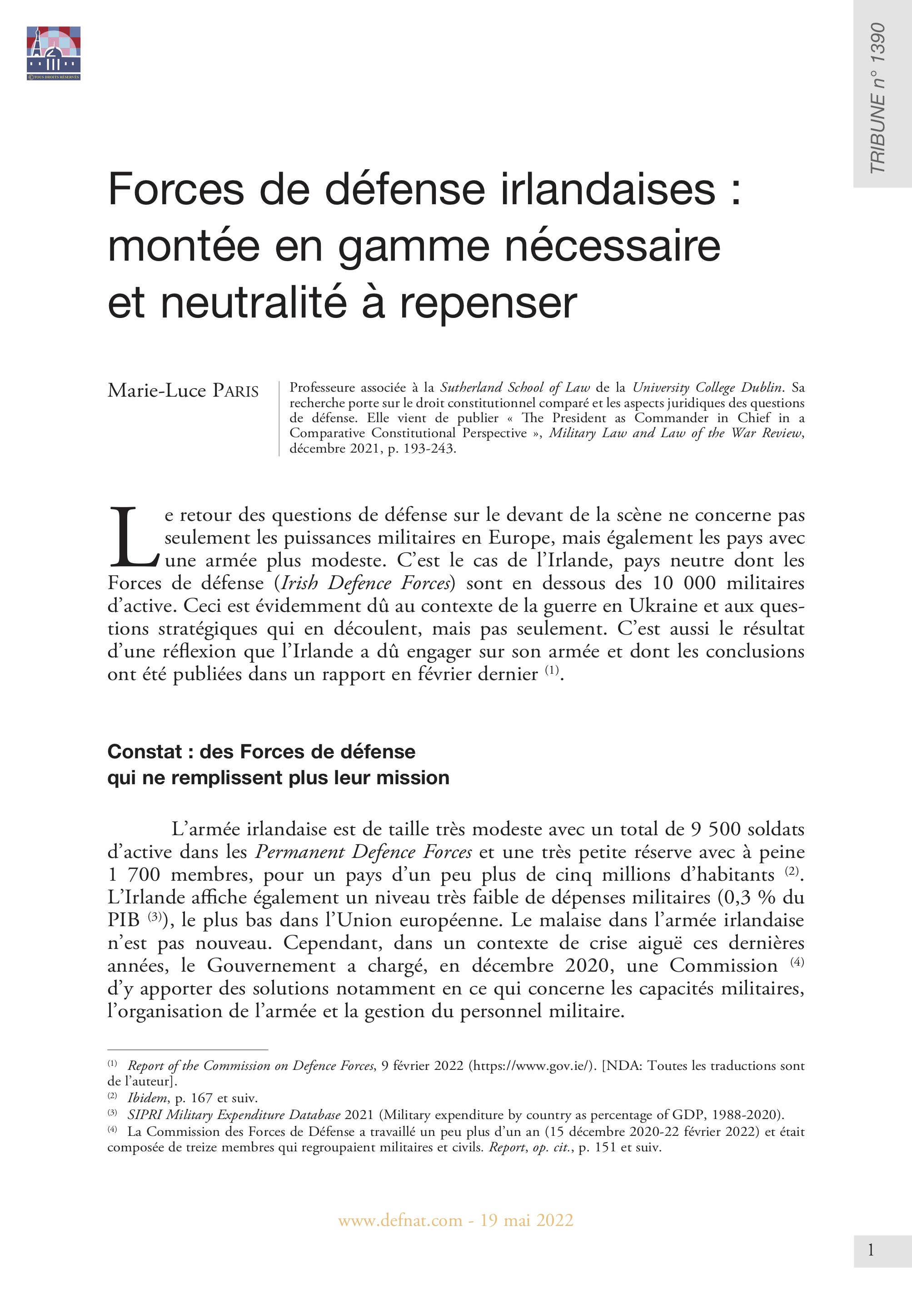 Forces de défense irlandaises : montée en gamme nécessaire et neutralité à repenser (T 1390)
